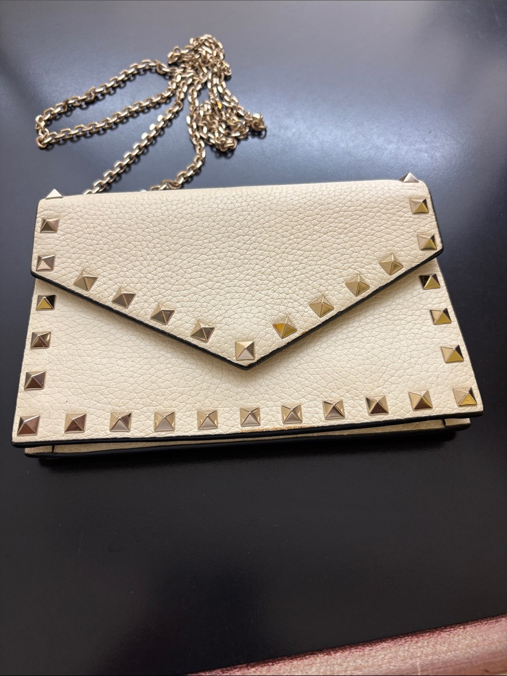 Valentino Garavani Cream Pebbled Leather Envelope Clutch with Gold Studs